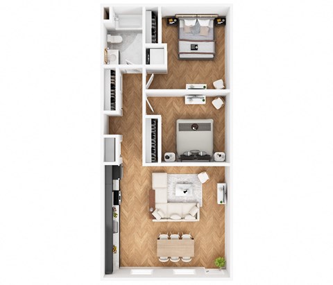 Floor plan for 1 bed, 1 bath, 843 sqft